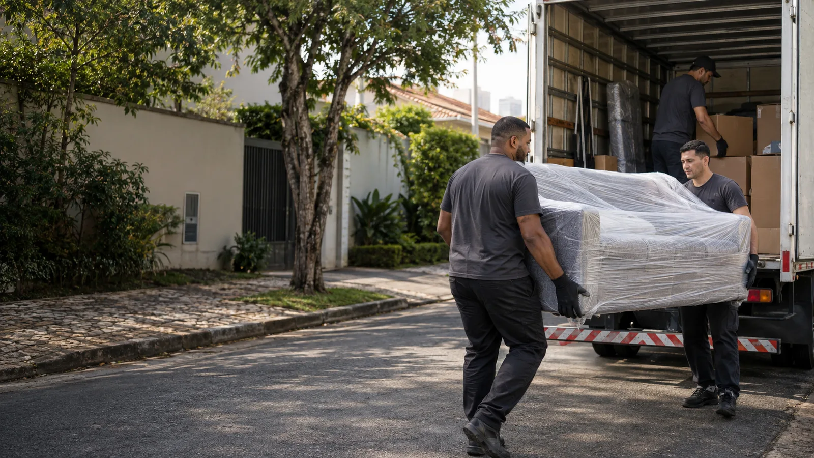 Equipe transportando um sofá protegido até o caminhão
