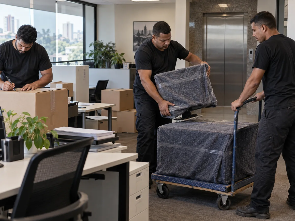 Equipe organizando equipamentos para uma mudança comercial